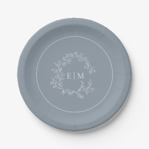Modern Dusty Blue Leafy Crest Monogram Wedding Paper Plates