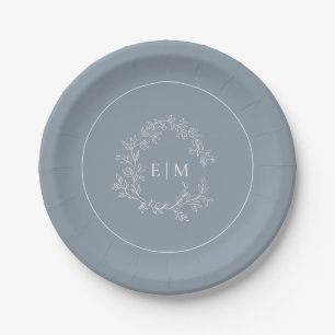 Modern Dusty Blue Leafy Crest Monogram Wedding Paper Plates