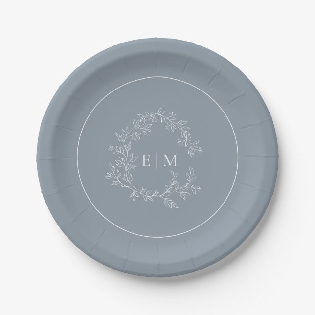 Modern Dusty Blue Leafy Crest Monogram Wedding Paper Plates (Front)