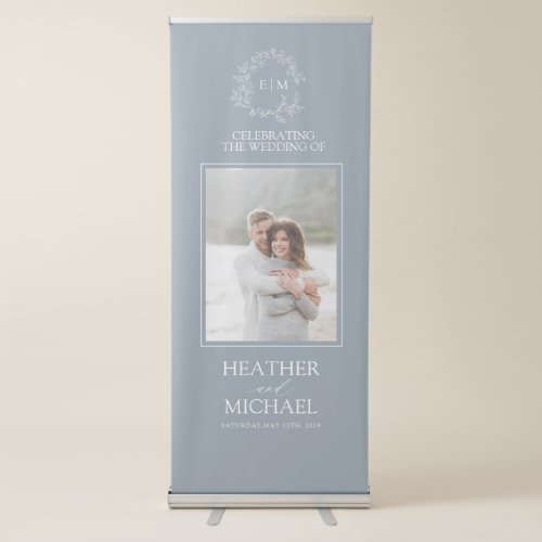 Modern Dusty Blue Leafy Crest Monogram Wedding Retractable Banner