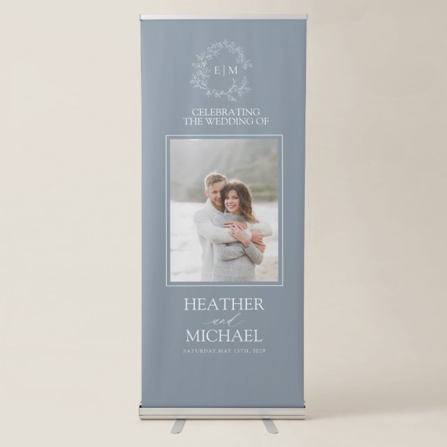 Modern Dusty Blue Leafy Crest Monogram Wedding Retractable Banner (Front)