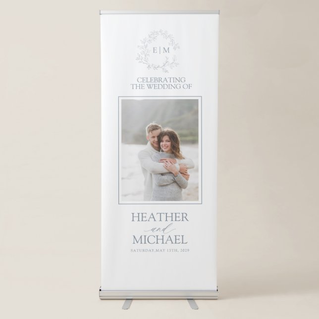 Modern Dusty Blue Leafy Crest Monogram Wedding Retractable Banner (Front)