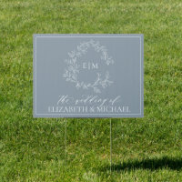 Modern Dusty Blue Leafy Crest Monogram Wedding