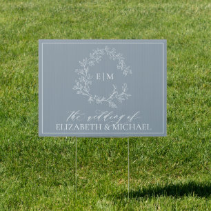 Modern Dusty Blue Leafy Crest Monogram Wedding Sign