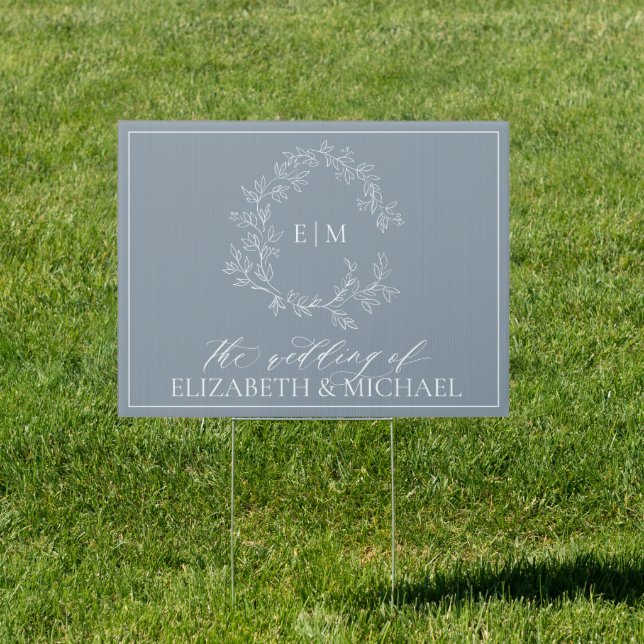 Modern Dusty Blue Leafy Crest Monogram Wedding Sign (Insitu)