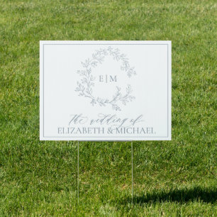 Modern Dusty Blue Leafy Crest Monogram Wedding Sign