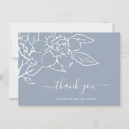 Modern Dusty Blue Line Art Floral Elegant Wedding Thank You Card