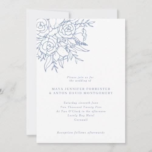 Modern Dusty Blue Line Art Floral Wedding Invitation