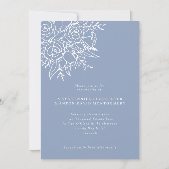 Modern Dusty Blue Line Art Floral Wedding Invitation (Front)