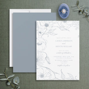 Modern Dusty Blue Line Art Floral Wedding Invitation