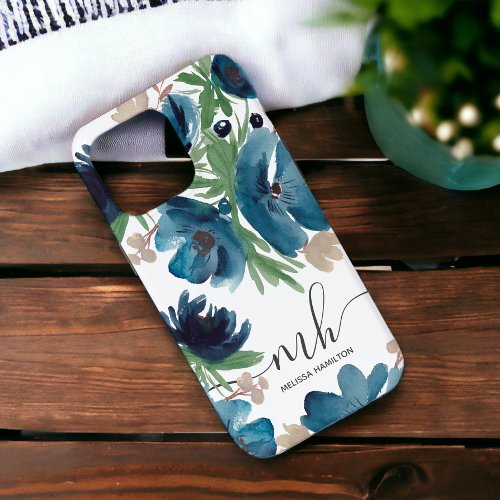 Modern dusty blue loose floral watercolor monogram iPhone 15 pro case