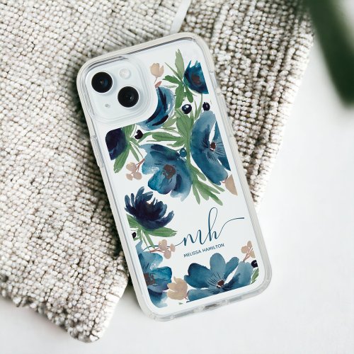 Modern dusty blue loose floral watercolor monogram iPhone 15 plus case