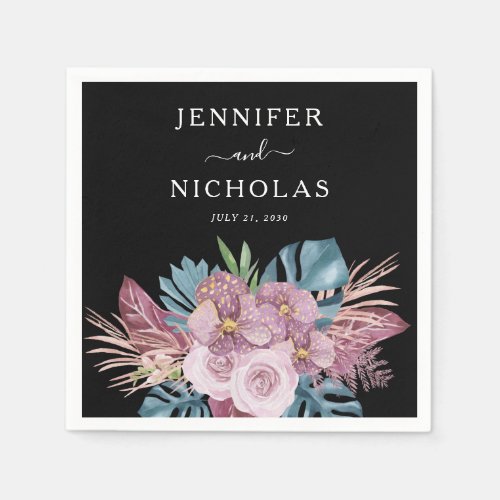 Modern Dusty Blue Marsala Tropical Floral Wedding  Napkins