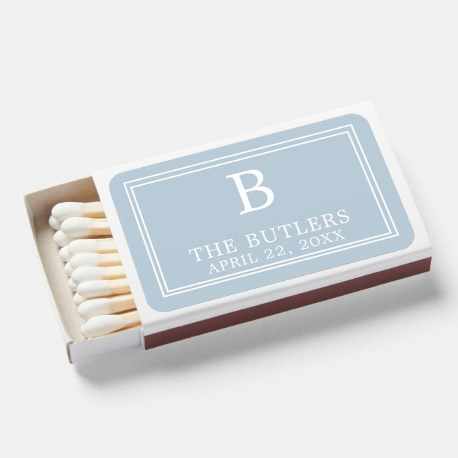 Modern Dusty Blue Matchbox Wedding Favor Matchboxes (Front Open)