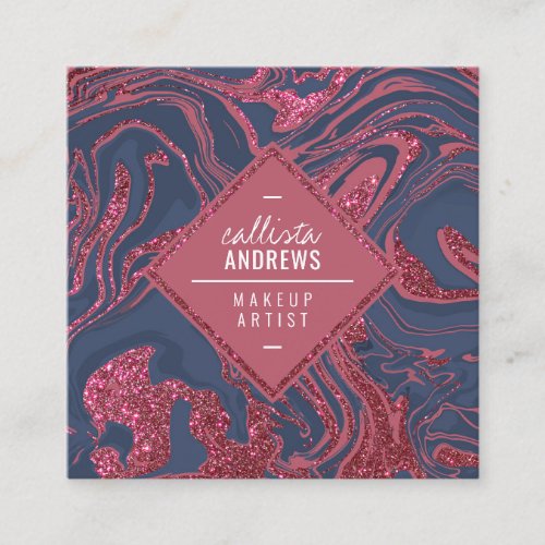 Modern Dusty Blue Mauve Pink Glitter Marble Makeup Square Business Card