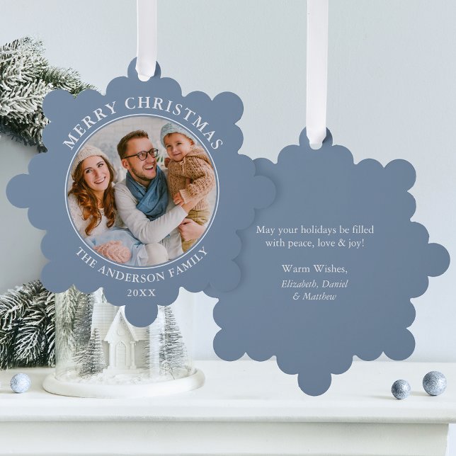 Modern Dusty Blue Merry Christmas Photo Ornament Card (A greeting card that is also an ornament! Customize with your photo and personalized text.)