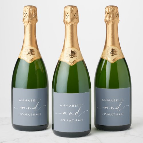 Modern dusty blue minimal contemporary wedding sparkling wine label