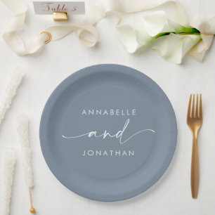 Modern dusty blue minimal elegant script wedding paper plates