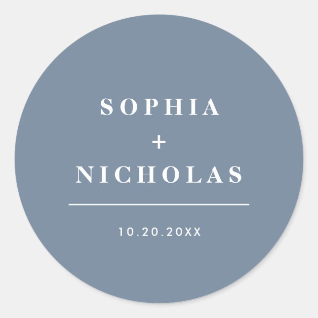 Modern Dusty Blue Minimal Elegant Wedding Classic Round Sticker (Front)