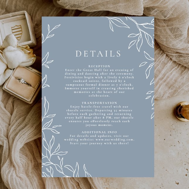 Modern Dusty Blue Minimal Leafy Wedding Details Invitation (Creator Uploaded)