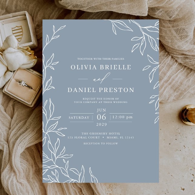 Modern Dusty Blue Minimal Leafy Wedding  Invitation (Creator Uploaded)