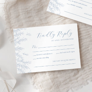 Modern Dusty Blue Minimal Leaves Wedding RSVP Card