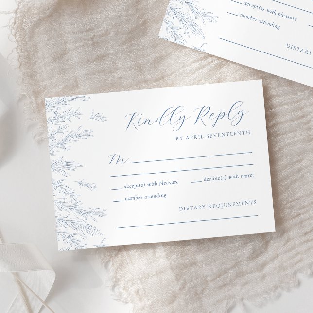 Modern Dusty Blue Minimal Leaves Wedding RSVP Card (Creator Uploaded)