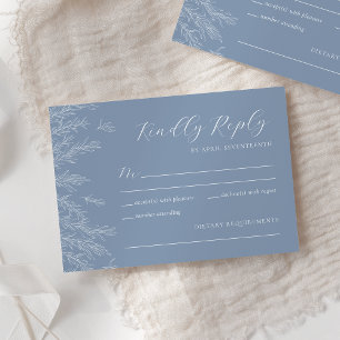 Modern Dusty Blue Minimal Leaves Wedding RSVP Card