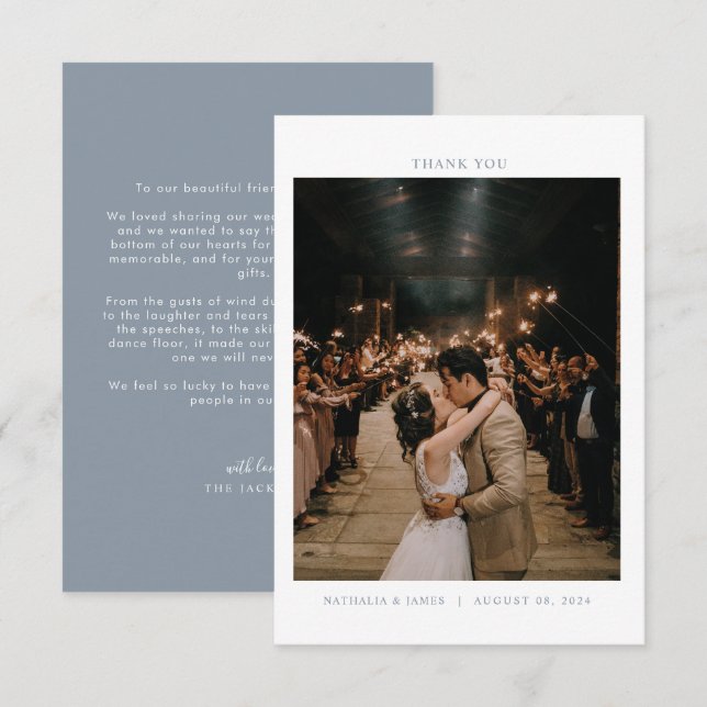 Modern Dusty Blue Minimalist with photo Wedding Thank You Card (Front/Back)