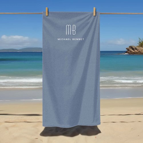 Modern Dusty Blue Monogram Beach Towel