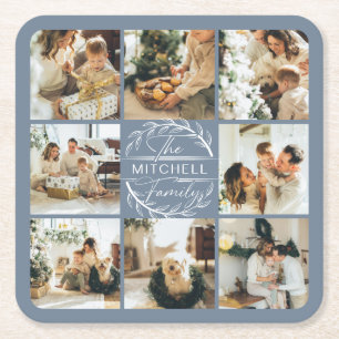 Modern Dusty Blue  Monogram Family Name & Photo Square Paper Coaster