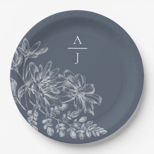 Modern Dusty Blue Monogram Floral Paper Plate