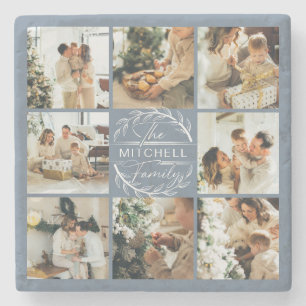 Modern Dusty Blue Monogram Initial Family Photo Stone Coaster