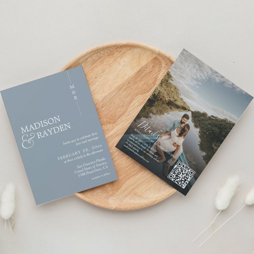 Modern Dusty Blue Monogram Photo QR Code Wedding Invitation