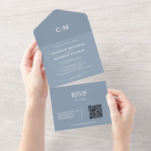 Modern Dusty Blue Monogram QR code RSVP Wedding All In One Invitation