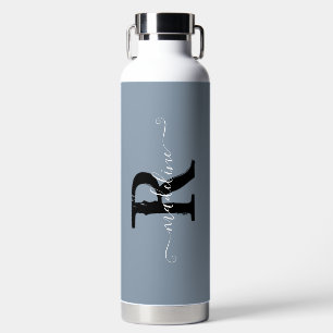 Modern Dusty Blue Monogram Script Name Water Bottle