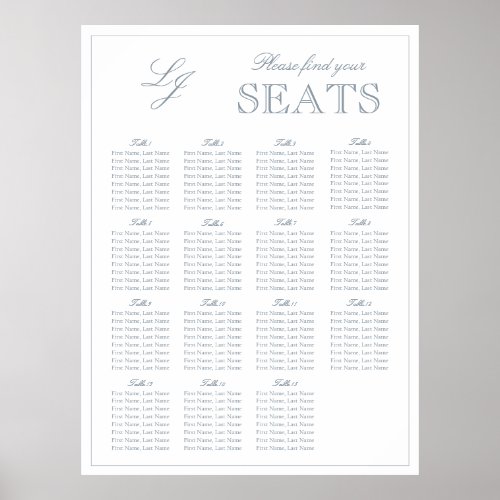 Modern Dusty Blue Monogram Script Wedding Seat Poster