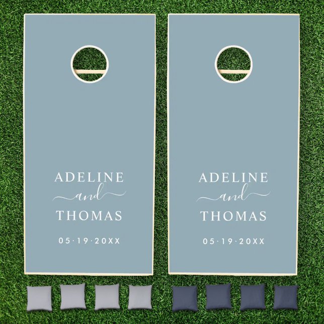 Modern Dusty Blue Monogram Wedding Cornhole Set (Creator Uploaded)