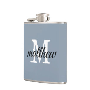Modern Dusty Blue Name Monogram Personalized Flask