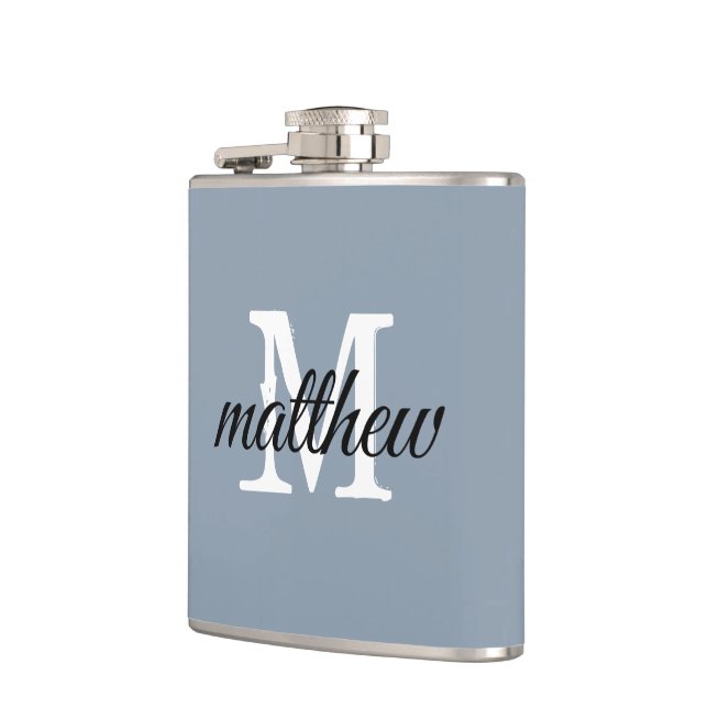 Modern Dusty Blue Name Monogram Personalized  Flask (Left)