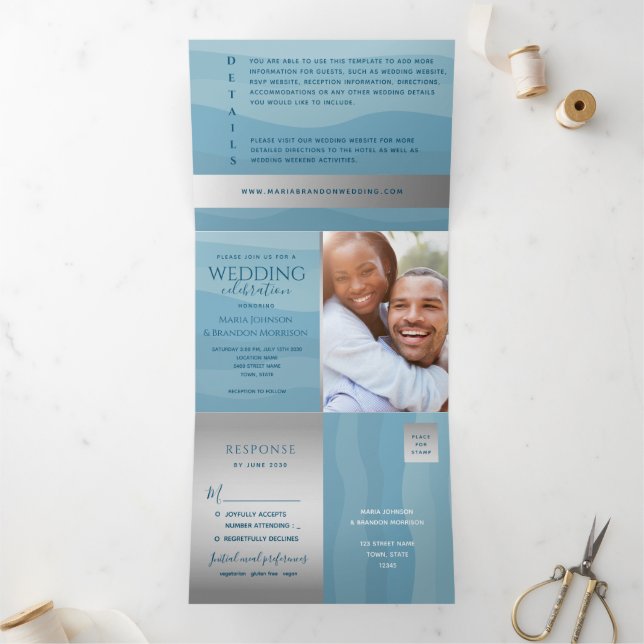 Modern Dusty Blue Ocean Waves Photo Wedding Tri-Fold Invitation (Inside)
