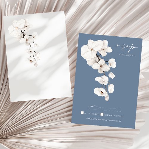 Modern Dusty Blue Orchids Floral Wedding RSVP Card