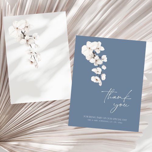 Modern Dusty Blue Orchids Wedding Thank You Card