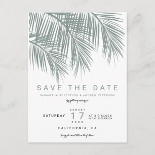 Modern dusty blue palm tree elegant save the date announcement postcard