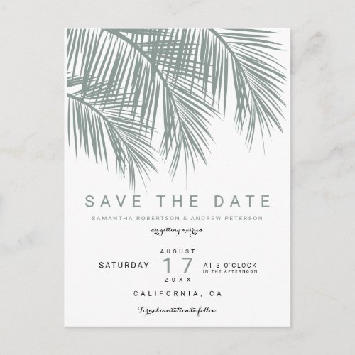 Modern  dusty blue palm tree elegant save the date announcement postcard