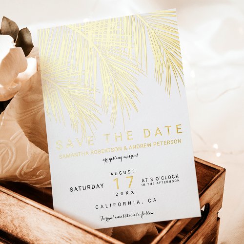 Modern  dusty blue palm tree elegant save the date foil invitation postcard