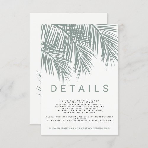 Modern dusty blue palm tree elegant wedding detail enclosure card
