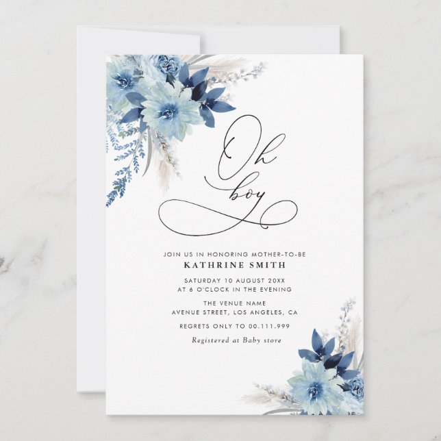 Modern dusty blue pampas floral baby shower invitation (Front)