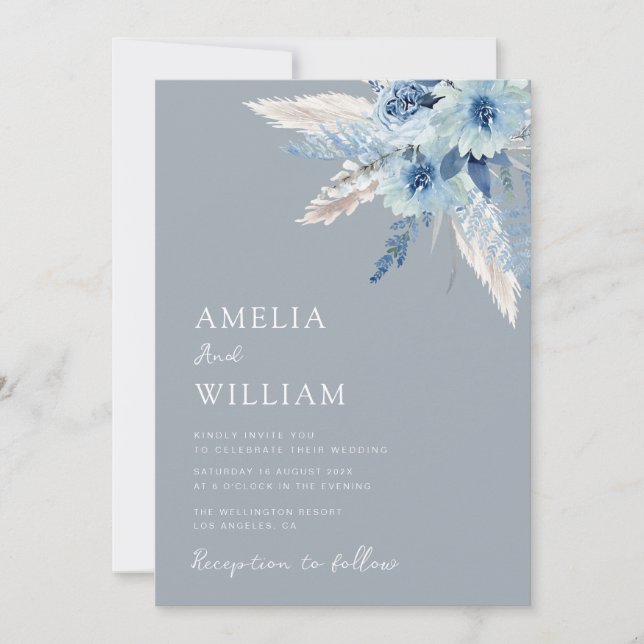 modern dusty blue pampas grass wedding invitation (Front)