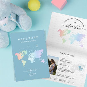 Modern Dusty Blue Passport World Map Baby Shower Invitation